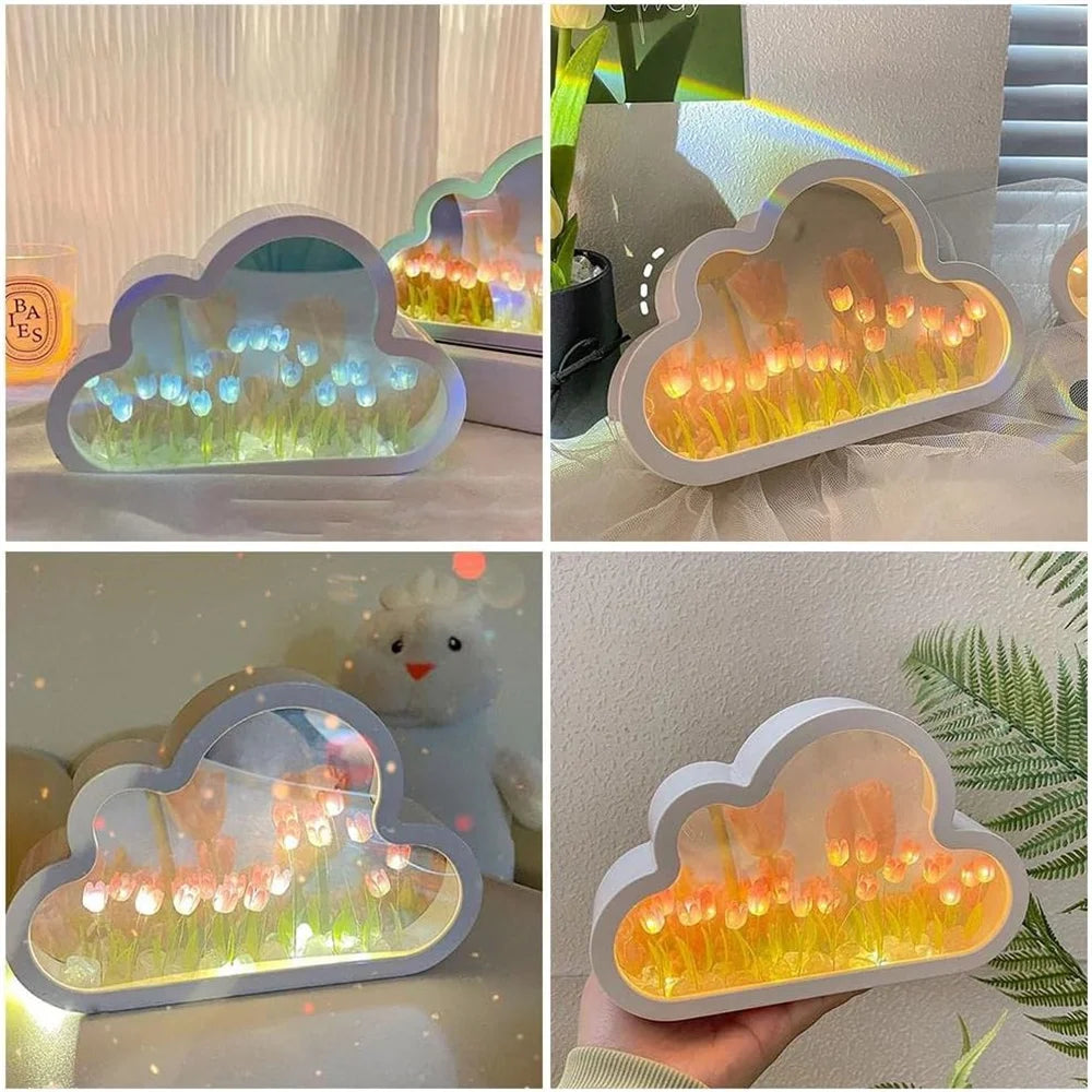 DIY Tulip espejo tulipan Night Light Simulation Flower Bedroom Sleeping Table Lamp Home Mirror Decoration Cloud Tulip Mirror