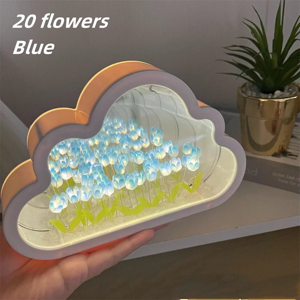 DIY Tulip espejo tulipan Night Light Simulation Flower Bedroom Sleeping Table Lamp Home Mirror Decoration Cloud Tulip Mirror