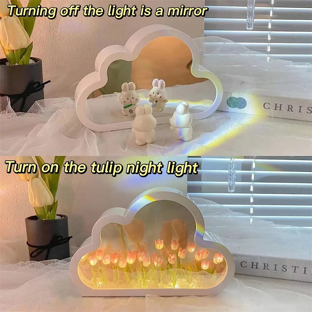 DIY Tulip espejo tulipan Night Light Simulation Flower Bedroom Sleeping Table Lamp Home Mirror Decoration Cloud Tulip Mirror